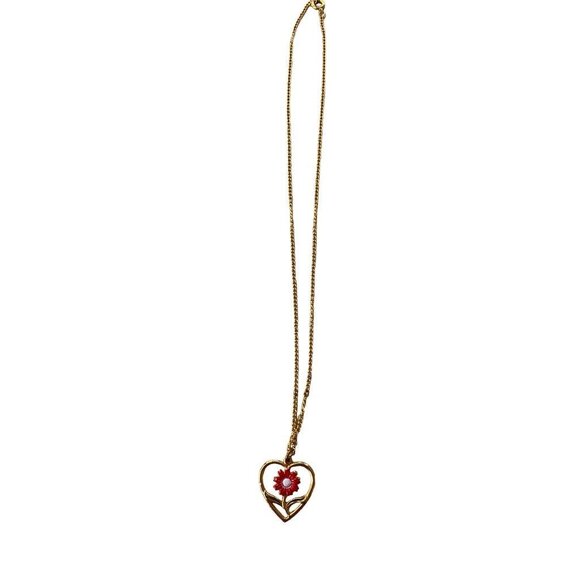 Goldtone Necklace Floral 1" Heart Pendant on 19" Chain Red White - Picture 13 of 13